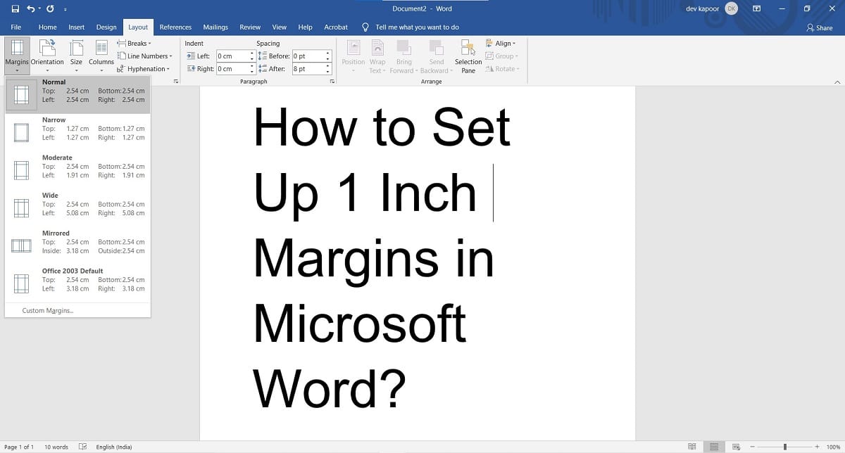 How to make 1 inch margins on word?