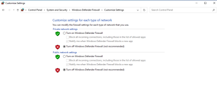 Turn off Windows Defender Firewall image