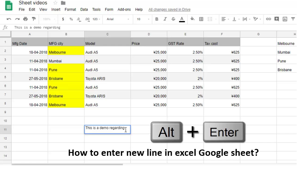 How to enter new line in excel Google sheet?