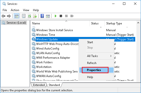 Right-click on Windows update and click on Properties