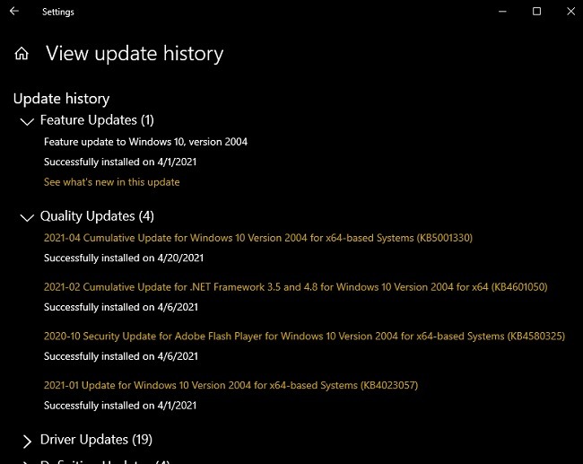 Each update has a name, date, and knowledge
